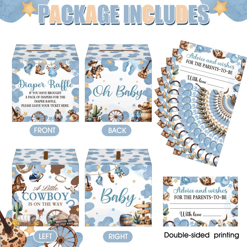 Teling 51 Pieces Diaper Raffle Tickets with Card Box Baby Shower Decorations Baby Shower Holder Box for Girl Boy Diaper Raffle Party(A Small Cowboy is on the Way) - Image 3