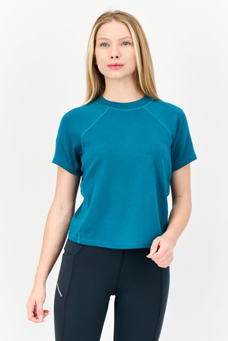 Hoka تي شيرت رياضي نسائي قصير الأكمام في الهواء الطلق، أزرق مائل إلى الأخضر - Image 1