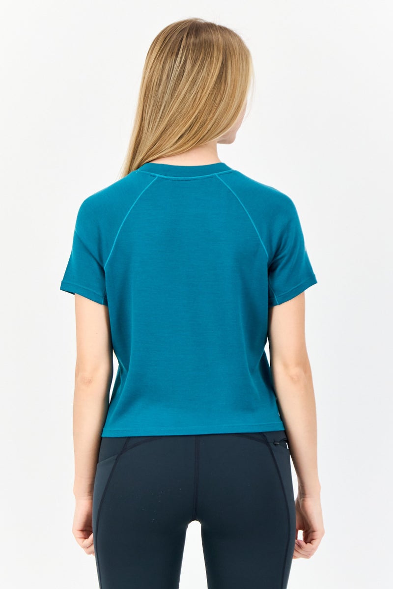 Hoka تي شيرت رياضي نسائي قصير الأكمام في الهواء الطلق، أزرق مائل إلى الأخضر - Image 3