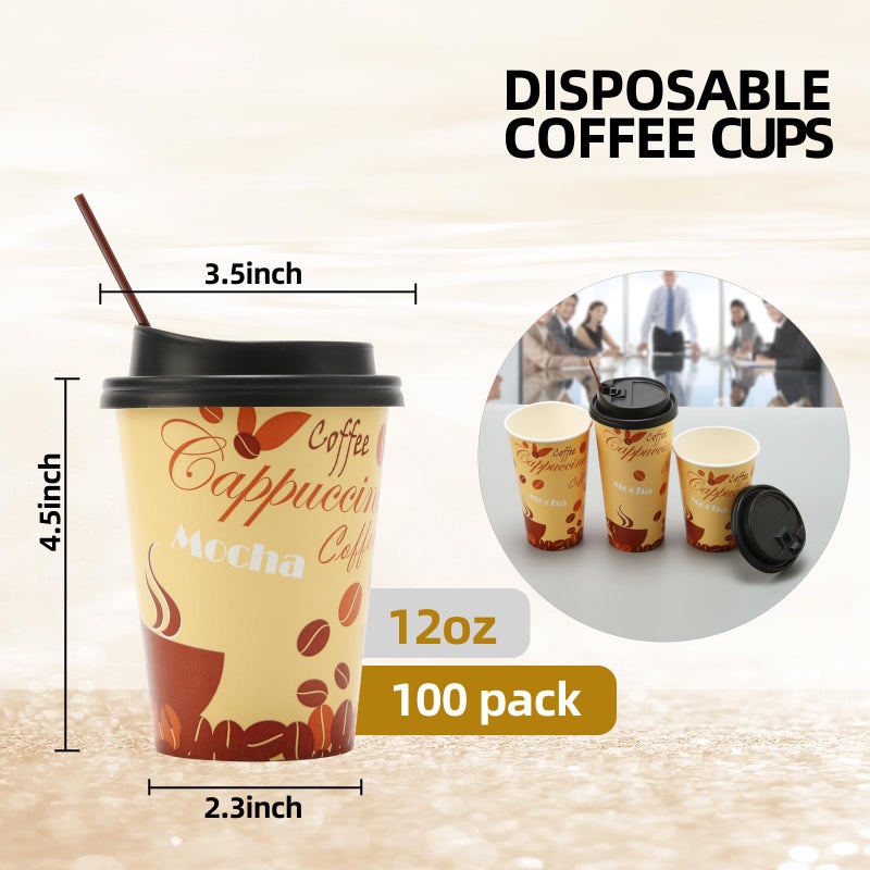 Tamone 100 PACK 12OZ Disposable Cups with Lids and Stirrers  To Go Coffee Cups with Lids Leak Proof  Coffee Design Brown Paper Cups for Cold/Hot Beverage Chocolate Cocoa - Image 2