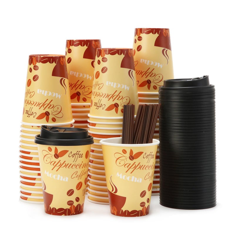 Tamone 100 PACK 12OZ Disposable Cups with Lids and Stirrers  To Go Coffee Cups with Lids Leak Proof  Coffee Design Brown Paper Cups for Cold/Hot Beverage Chocolate Cocoa - Image 1
