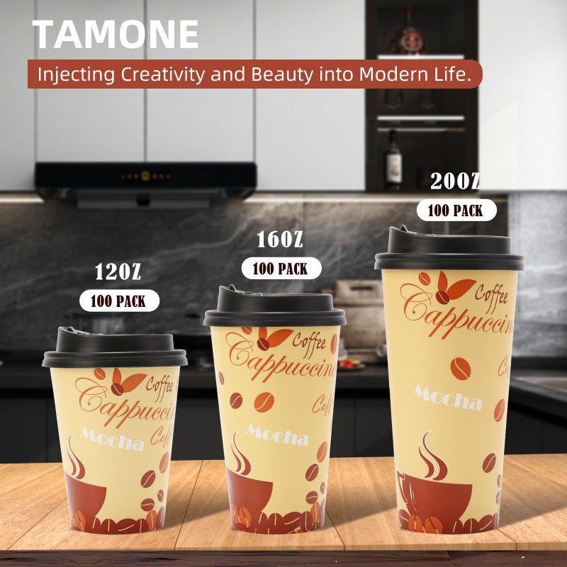 Tamone 100 PACK 12OZ Disposable Cups with Lids and Stirrers  To Go Coffee Cups with Lids Leak Proof  Coffee Design Brown Paper Cups for Cold/Hot Beverage Chocolate Cocoa - Image 4
