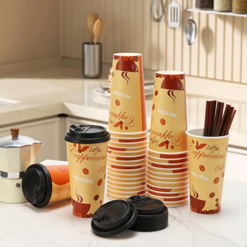 Tamone 100 PACK 12OZ Disposable Cups with Lids and Stirrers  To Go Coffee Cups with Lids Leak Proof  Coffee Design Brown Paper Cups for Cold/Hot Beverage Chocolate Cocoa - Image 5