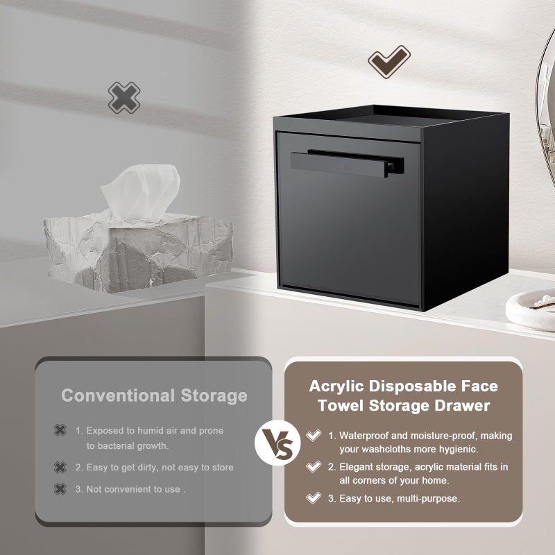 TAINESS Disposable Face Towel Storage Box Compatible with Clean Skin Club Clean Towel XL Acrylic Cosmetic Organizer Container Box Facial Towels Holder with Drawer Wall-Mounted (Glossy Black) - Image 2
