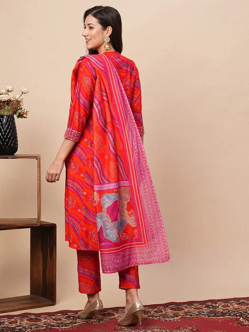 globus Women Bandhani Printed Regular Kurta With Trousers & Dupatta