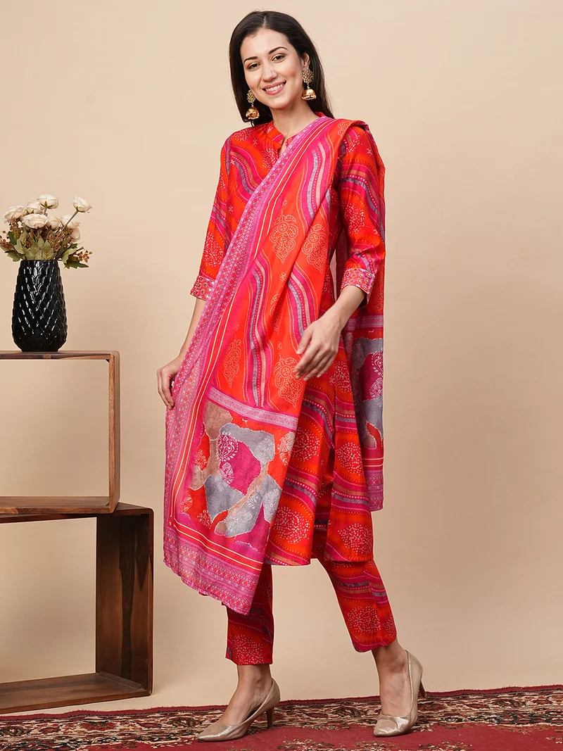 globus Women Bandhani Printed Regular Kurta With Trousers & Dupatta