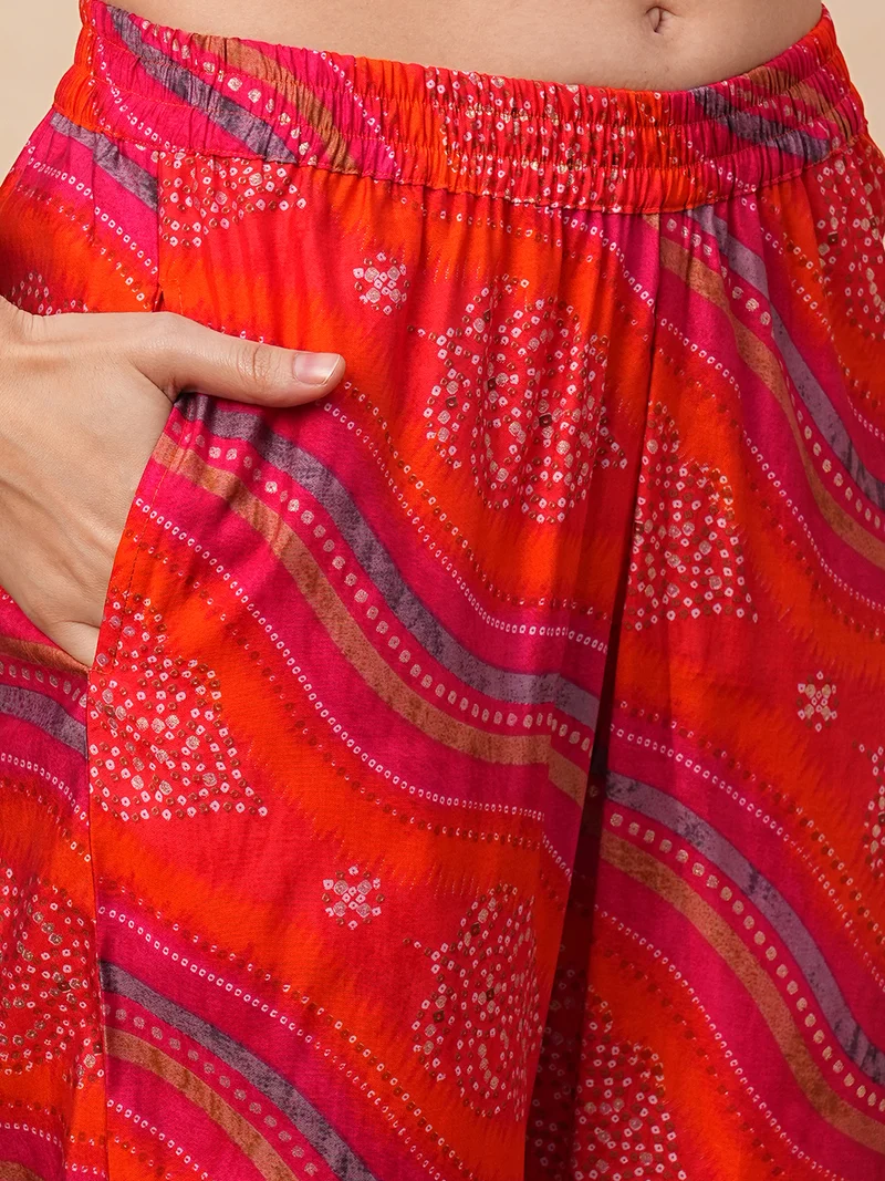 globus Women Bandhani Printed Regular Kurta With Trousers & Dupatta