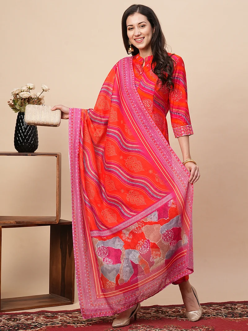 globus Women Bandhani Printed Regular Kurta With Trousers & Dupatta