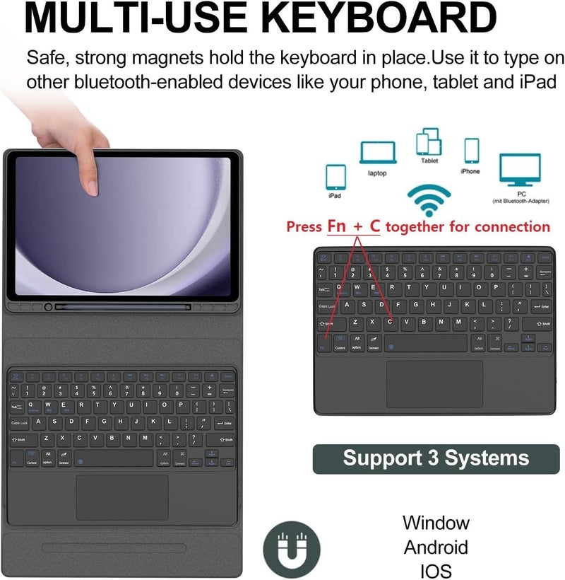 typecase حافظة لوحة المفاتيح لجهاز سامسونج جالاكسي تاب A9 بلس / A9 + (11 بوصة) مع لوحة تتبع متعددة اللمس، وزوايا عرض متعددة، وحافظة لوحة مفاتيح بلوتوث لاسلكية قابلة للفصل مغناطيسياً وقابلة لإعادة الشحن (أسود) - Image 3
