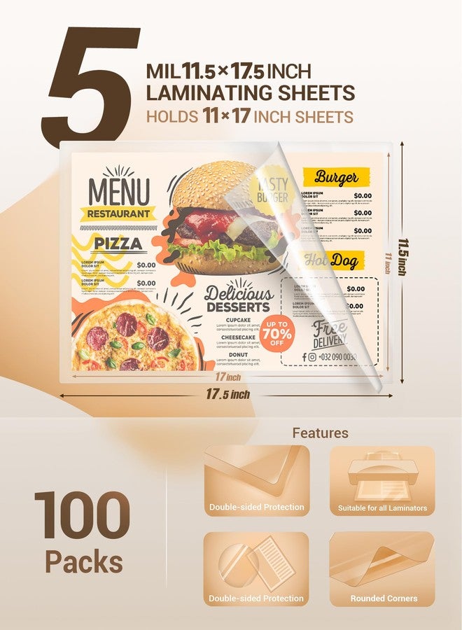 Uinkit 5Mil Heavy-Duty 100 Pack Menu Laminating Pouches, 11.5"x17.5" Sheets for 11x17 Menu, Crystal Clear Thermal Laminating Paper for Restaurant, Cafe, Bistro - Round Corner, Bubble-Free - Image 2