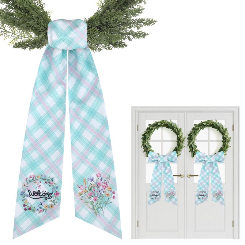 PartyforU Spring Wreath Sash for Front Door - 2 Pcs Plaid Welcom Wreath Sashes with Flowers for Farmhouse Home Decor, 60 Inch Rustic Green Pink Wreaths Sash for Doorway Yard Indoor Outdoor - Image 1