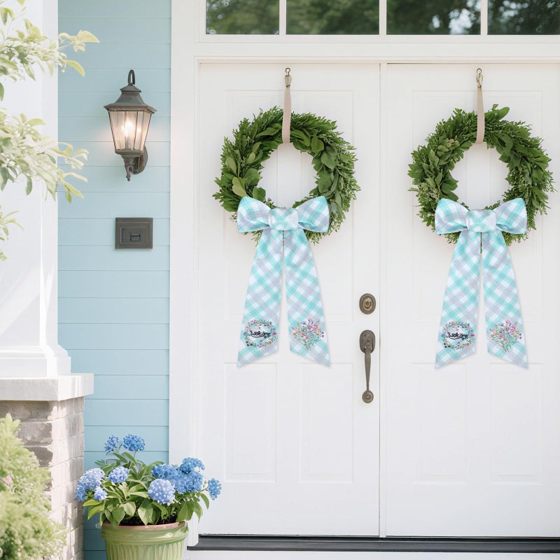 PartyforU Spring Wreath Sash for Front Door - 2 Pcs Plaid Welcom Wreath Sashes with Flowers for Farmhouse Home Decor, 60 Inch Rustic Green Pink Wreaths Sash for Doorway Yard Indoor Outdoor - Image 2
