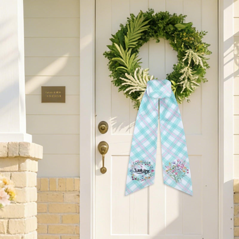 PartyforU Spring Wreath Sash for Front Door - 2 Pcs Plaid Welcom Wreath Sashes with Flowers for Farmhouse Home Decor, 60 Inch Rustic Green Pink Wreaths Sash for Doorway Yard Indoor Outdoor - Image 3