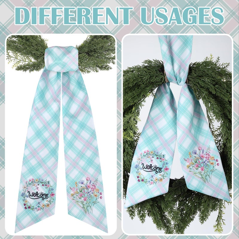 PartyforU Spring Wreath Sash for Front Door - 2 Pcs Plaid Welcom Wreath Sashes with Flowers for Farmhouse Home Decor, 60 Inch Rustic Green Pink Wreaths Sash for Doorway Yard Indoor Outdoor - Image 4