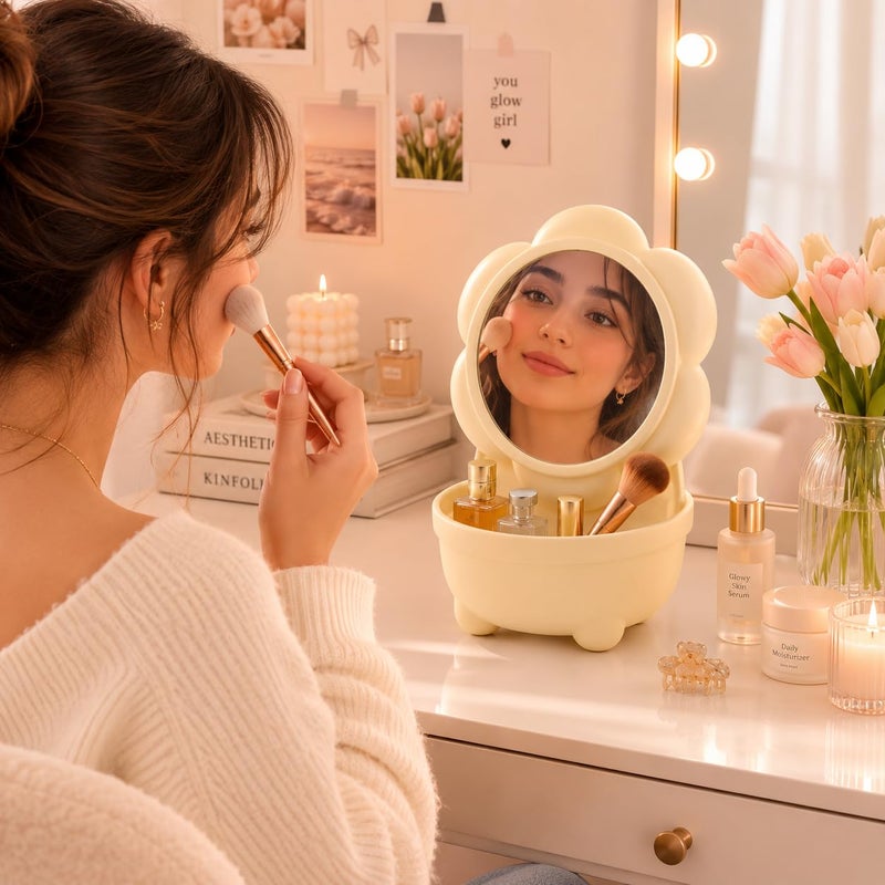 Flower-Shaped Vanity Mirror with Storage Tray, HD Desktop Makeup Mirror with Built-in Organizer, Portable Tabletop Cosmetic Mirror for Bedroom, Bathroom & Office Beige - Image 2