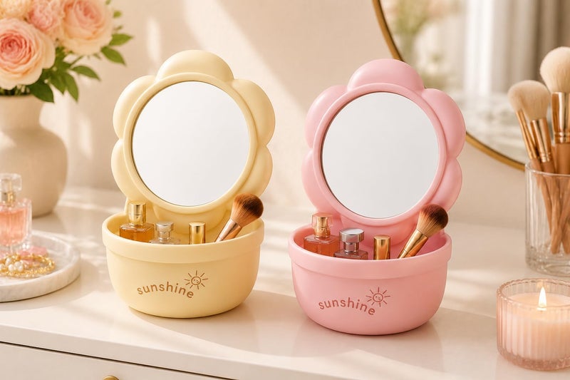 Flower-Shaped Vanity Mirror with Storage Tray, HD Desktop Makeup Mirror with Built-in Organizer, Portable Tabletop Cosmetic Mirror for Bedroom, Bathroom & Office Beige - Image 1