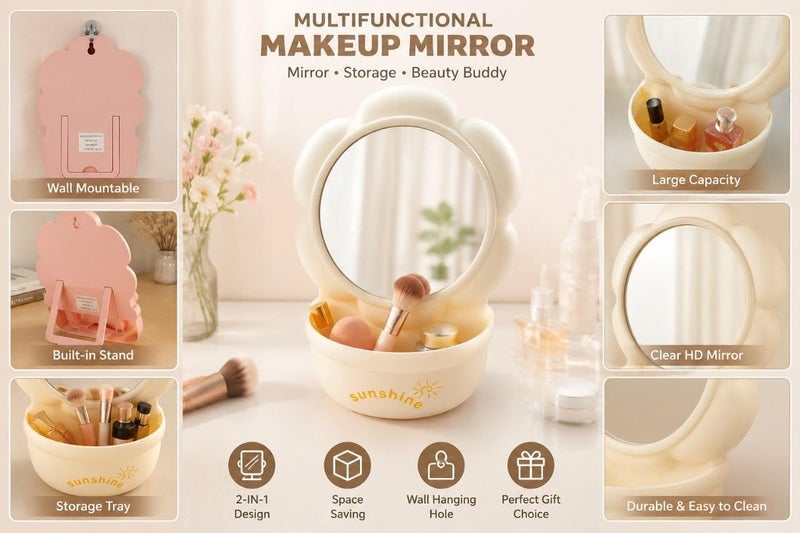 Flower-Shaped Vanity Mirror with Storage Tray, HD Desktop Makeup Mirror with Built-in Organizer, Portable Tabletop Cosmetic Mirror for Bedroom, Bathroom & Office Beige - Image 5
