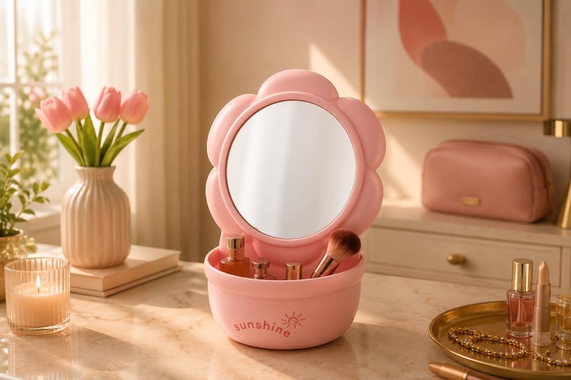 Flower-Shaped Vanity Mirror with Storage Tray, HD Desktop Makeup Mirror with Built-in Organizer, Portable Tabletop Cosmetic Mirror for Bedroom, Bathroom & Office Beige - Image 3