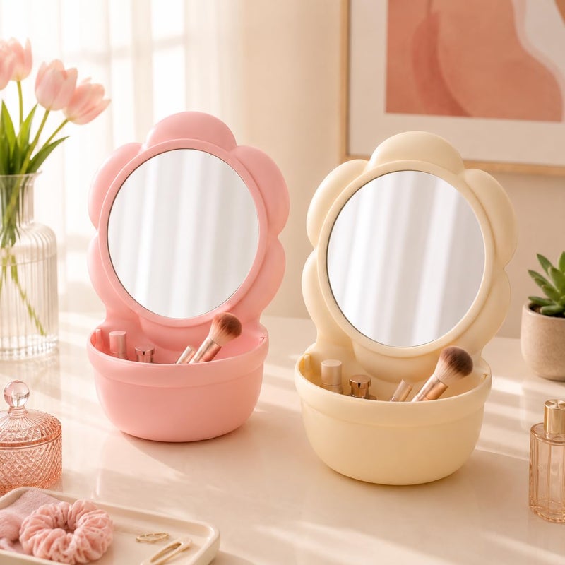 Flower-Shaped Vanity Mirror with Storage Tray, HD Desktop Makeup Mirror with Built-in Organizer, Portable Tabletop Cosmetic Mirror for Bedroom, Bathroom & Office Beige - Image 4