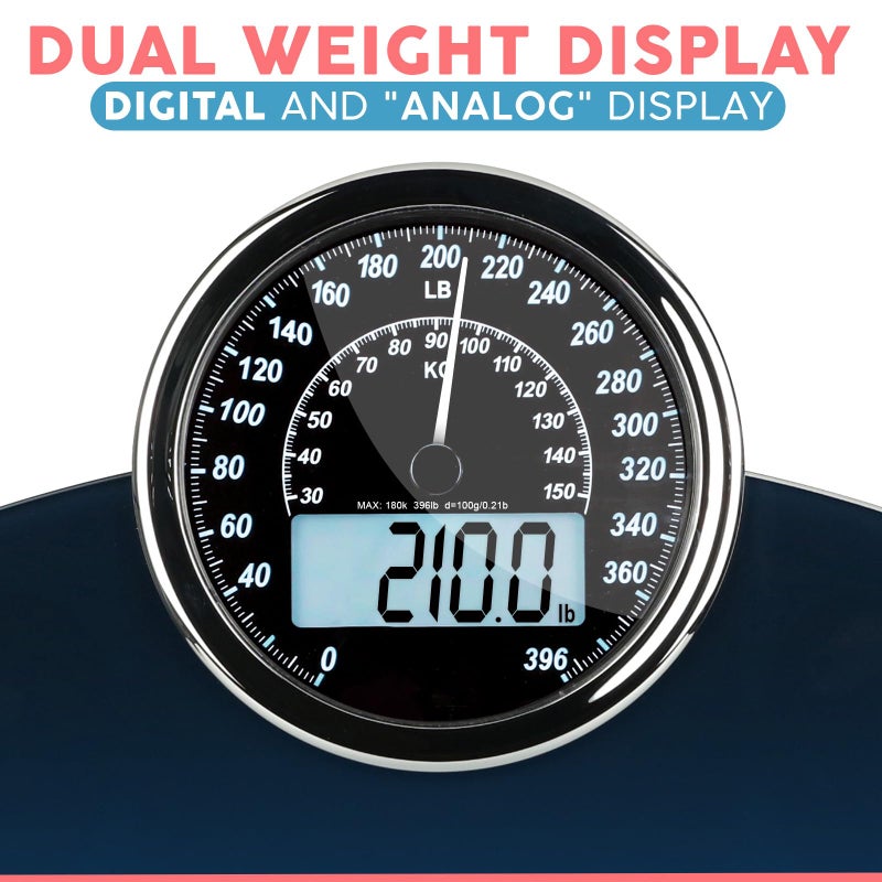 Adamson Hybrid 2-in-1 Analog & Digital Weighing Scale for Body Weight up to 400lbs - Thick Tempered Glass - Extra Large Display - Easy to Read Digital Bathroom Scale - Blue with Black Backlight - Image 3