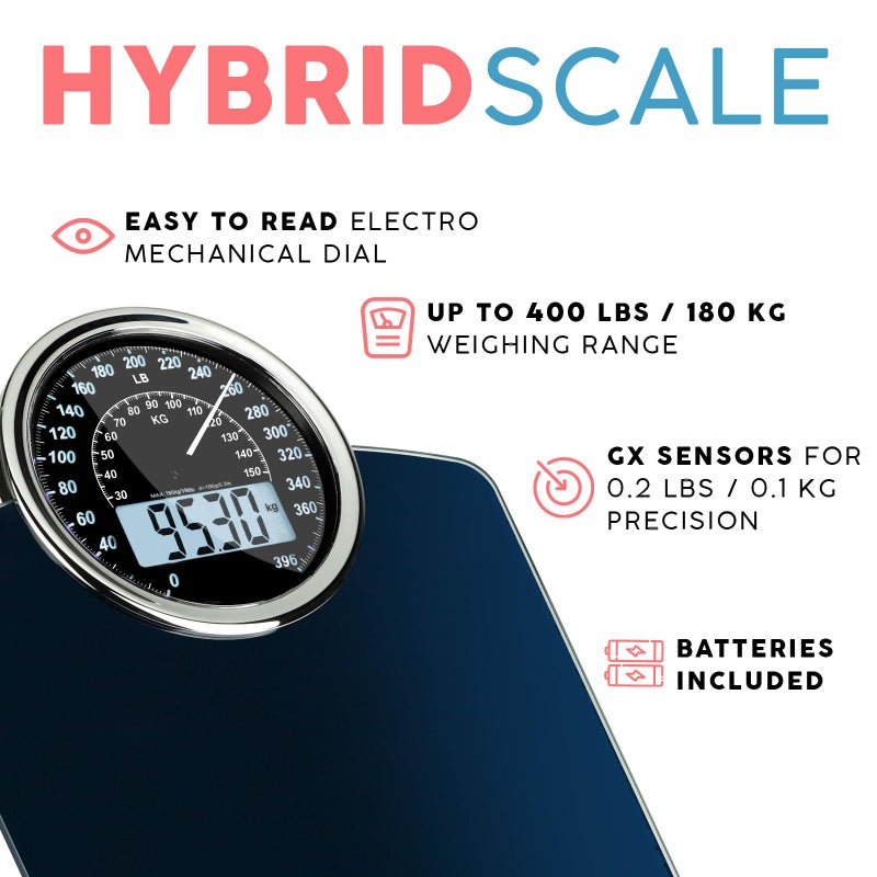 Adamson Hybrid 2-in-1 Analog & Digital Weighing Scale for Body Weight up to 400lbs - Thick Tempered Glass - Extra Large Display - Easy to Read Digital Bathroom Scale - Blue with Black Backlight - Image 2