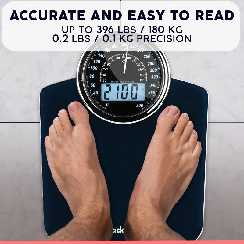 Adamson Hybrid 2-in-1 Analog & Digital Weighing Scale for Body Weight up to 400lbs - Thick Tempered Glass - Extra Large Display - Easy to Read Digital Bathroom Scale - Blue with Black Backlight - Image 4