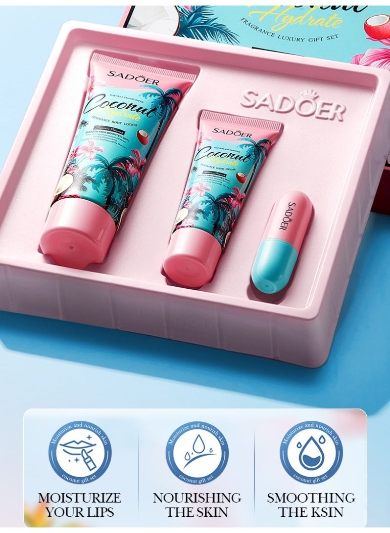 SADOER Coconut Water Fragrance Body Care Gift Box, Comprehensive Care For The Whole Body Skin, Including Body Lotion 100g/Hand Cream 30g/Lipstick 3.8g - Image 2