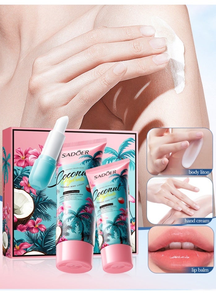 SADOER Coconut Water Fragrance Body Care Gift Box, Comprehensive Care For The Whole Body Skin, Including Body Lotion 100g/Hand Cream 30g/Lipstick 3.8g - Image 4