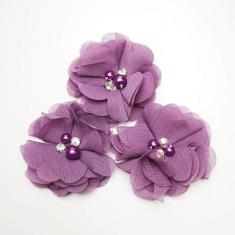 Chenkou Craft Pack of 12pcs Chiffon Flowers Ribbon Bows W/Beads 2-3/8" (60mm) Appliques Wedding Decor Bulk Lots (Mauve) - Image 2
