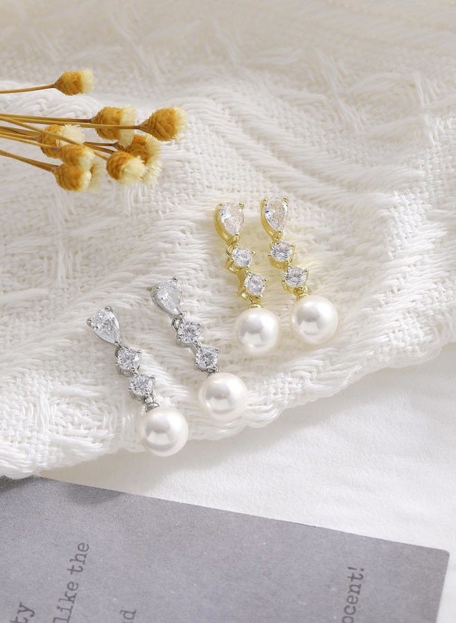 AYWFCBF Pearl Earrings for Women, 14k Gold Plated Trendy Diamond Pearl Drop Earrings Bridesmaids Brides Wedding jewelry for Women, one size, Brass, Cubic Zirconia - Image 2