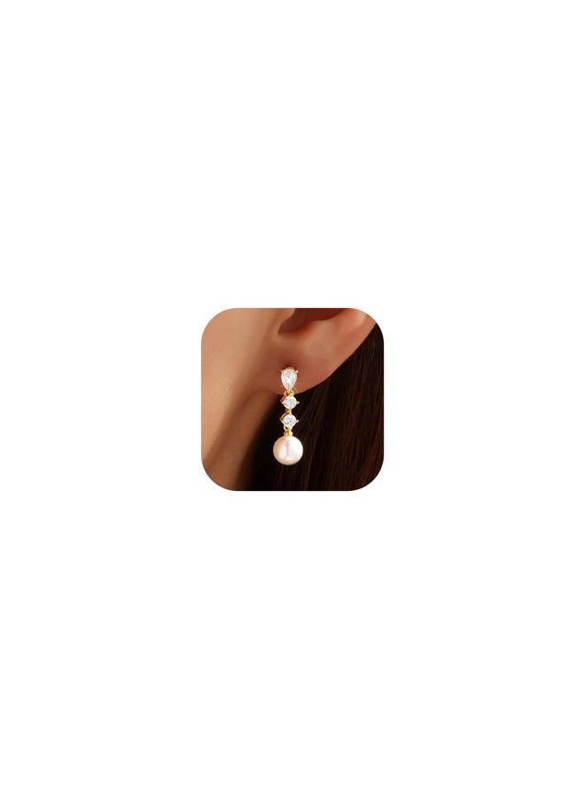 AYWFCBF Pearl Earrings for Women, 14k Gold Plated Trendy Diamond Pearl Drop Earrings Bridesmaids Brides Wedding jewelry for Women, one size, Brass, Cubic Zirconia - Image 1