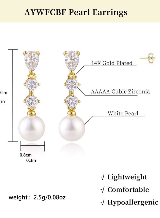 AYWFCBF Pearl Earrings for Women, 14k Gold Plated Trendy Diamond Pearl Drop Earrings Bridesmaids Brides Wedding jewelry for Women, one size, Brass, Cubic Zirconia - Image 3