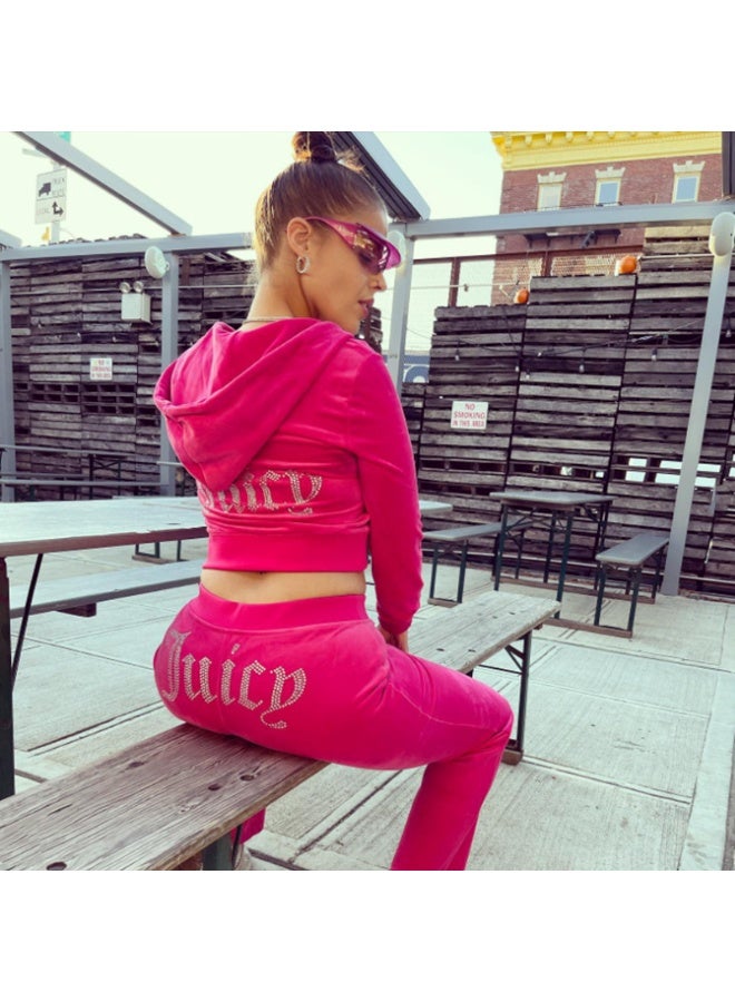 Juicy Couture Two Piece Set Diamonds Hoodie Crop Jacket And Joggers Pants Outfits Streetwear Jogging Suits - Image 1