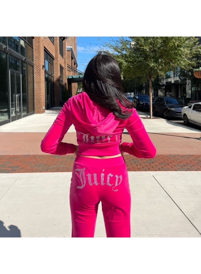 Juicy Couture Two Piece Set Diamonds Hoodie Crop Jacket And Joggers Pants Outfits Streetwear Jogging Suits - Image 3