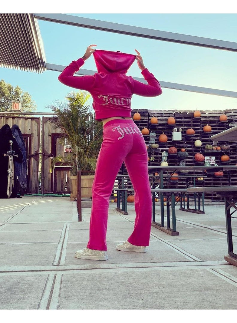 Juicy Couture Two Piece Set Diamonds Hoodie Crop Jacket And Joggers Pants Outfits Streetwear Jogging Suits - Image 4