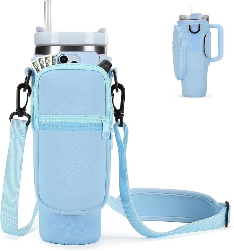 Water Bottle Carrying Bag with Phone Pocket for Stanley Cup 1.14L with Handle, Water Bottle Holder Bag with Lid and Adjustable Straw Shoulder Strap for Hiking, Travel, Camping (Blue) - Image 1