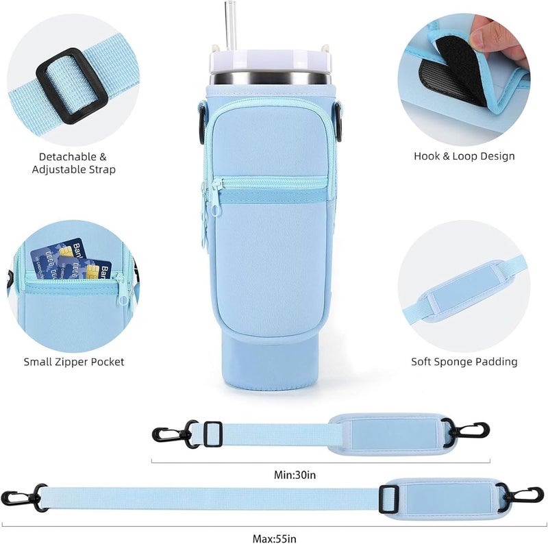 Water Bottle Carrying Bag with Phone Pocket for Stanley Cup 1.14L with Handle, Water Bottle Holder Bag with Lid and Adjustable Straw Shoulder Strap for Hiking, Travel, Camping (Blue) - Image 3