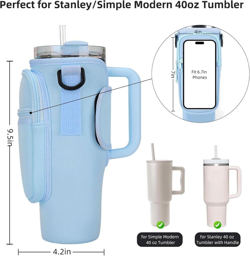Water Bottle Carrying Bag with Phone Pocket for Stanley Cup 1.14L with Handle, Water Bottle Holder Bag with Lid and Adjustable Straw Shoulder Strap for Hiking, Travel, Camping (Blue) - Image 2