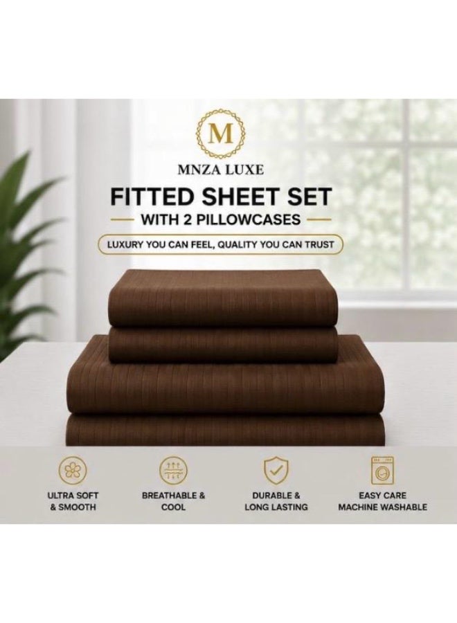 MNZA LUXE طقم شرشف سرير مطاطي من المايكروفايبر بتصميم خطوط 1 سم، يشمل شرشف سرير مطاطي واحد + 2 غطاء وسادة | فائق النعومة، قابل للتنفس ومقاوم للتجاعيد | لون بني قهوة - Image 4