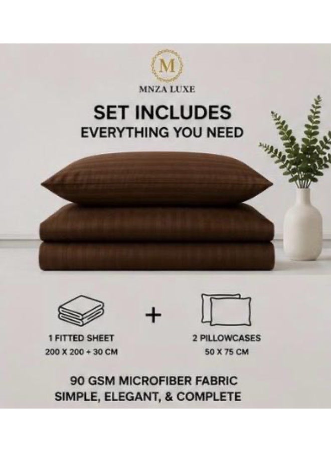MNZA LUXE طقم شرشف سرير مطاطي من المايكروفايبر بتصميم خطوط 1 سم، يشمل شرشف سرير مطاطي واحد + 2 غطاء وسادة | فائق النعومة، قابل للتنفس ومقاوم للتجاعيد | لون بني قهوة - Image 2