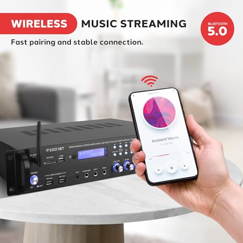 Pyle 3000W Multi-Channel Bluetooth Wireless Power Amplifier - Rack Mount - Stereo Receiver w/ FM Radio - USB/SD - Dual Mic w/ Echo - RCA - Headphone - LED Display - Cooling Fan - P3001BT - Image 5
