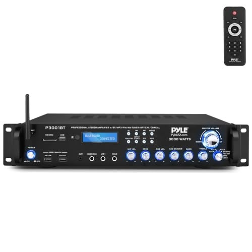 Pyle 3000W Multi-Channel Bluetooth Wireless Power Amplifier - Rack Mount - Stereo Receiver w/ FM Radio - USB/SD - Dual Mic w/ Echo - RCA - Headphone - LED Display - Cooling Fan - P3001BT - Image 1