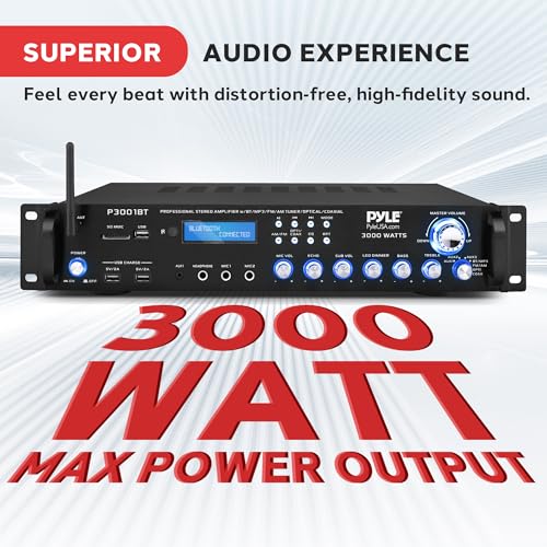 Pyle 3000W Multi-Channel Bluetooth Wireless Power Amplifier - Rack Mount - Stereo Receiver w/ FM Radio - USB/SD - Dual Mic w/ Echo - RCA - Headphone - LED Display - Cooling Fan - P3001BT - Image 3