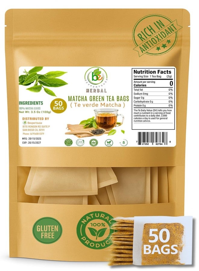 B-Experts Green Matcha Tea - 50 Tea Bags (2 g Each) - Premium Japanese-Style Matcha for Hot & Iced Drinks - Antioxidant-Rich, Zero Calories - 100% Natural, Vegan, Non-GMO, Sugar-Free - Vacuum-Sealed for Freshness - by BexpertsUSA - Image 1