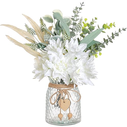 VIERENA Faux Flowers with Vase,Artificial Silk Flowers in Vase, Fake Plant Eucalyptus and Willow,Flower Arrangement for Home Farmhouse kitchen Dining Table Centerpiece Decorations Coffee Table Decor (White) - Image 1