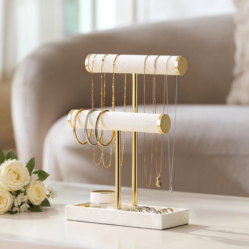 bussdis 2 Tier Bracelet Holder Display - Detachable T Bar Beige Velvet Bracelet Holder, Jewelry Holder Organizer for Bracelet, Necklace, Earrings, Rings - Image 3