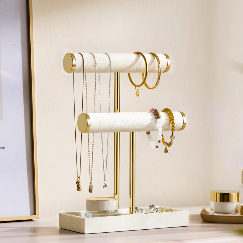 bussdis 2 Tier Bracelet Holder Display - Detachable T Bar Beige Velvet Bracelet Holder, Jewelry Holder Organizer for Bracelet, Necklace, Earrings, Rings - Image 2