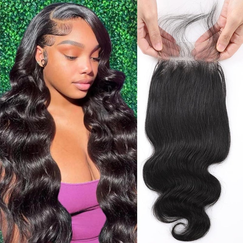 QTHAIR 16A 4x4 HD Body Wave Closure Human Hair 20" Natural Color 100% Unprocessed Brazilian Body Wave Human Hair Swiss Lace Closure 150% Density Bleached Knots