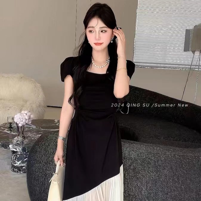 plus size Contrast Color Stitching dress Womens Summer Fake Two-piece Slim Long Skirt Black