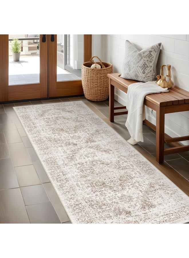 Hallway 2x5 Runner Rug - Vintage Non-Slip Long Rug for Entryway Low-Pile Washable Medallion Rugs for Hallway Waterproof Traditional Indoor Thin Rugs for Kitchen (Beige)